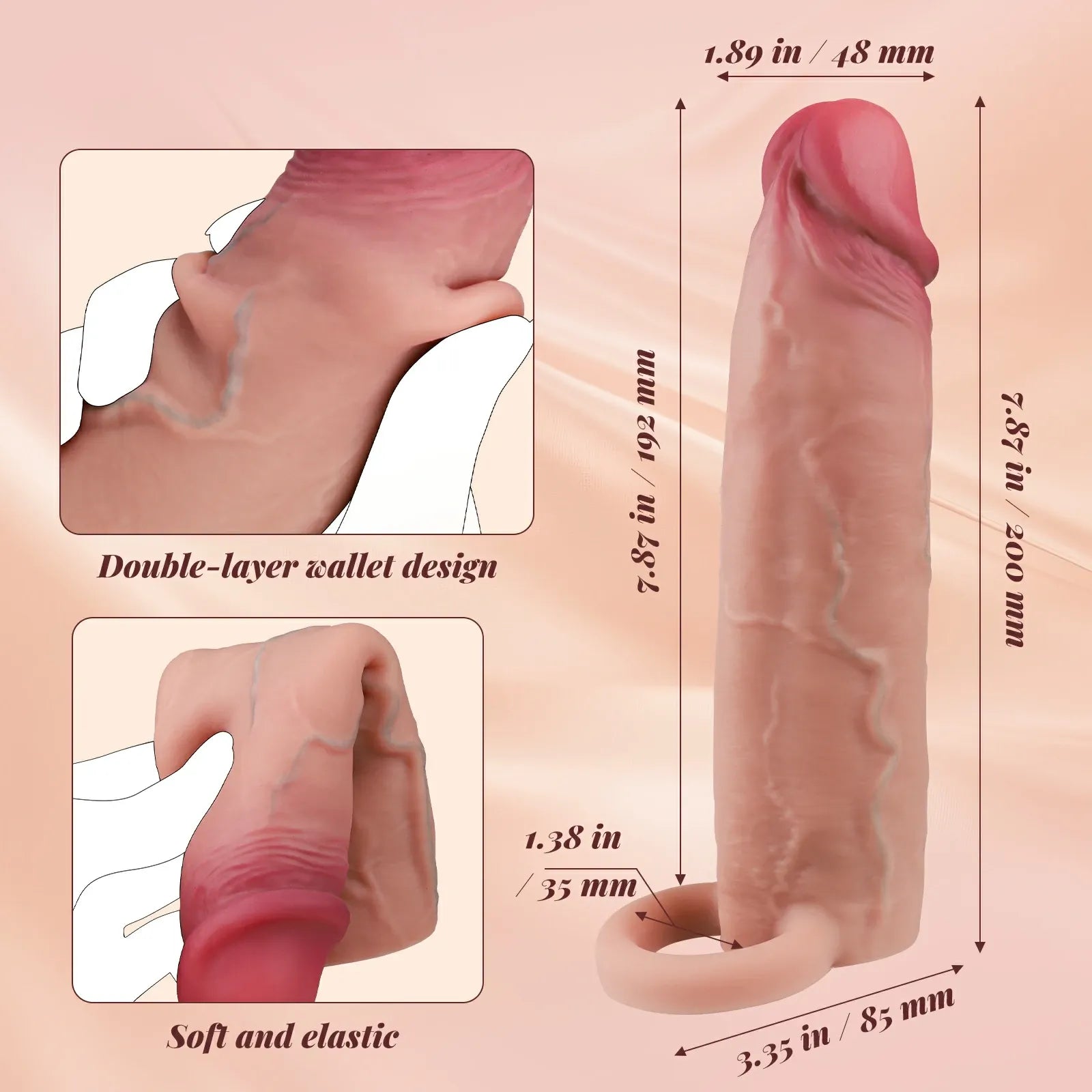 Realistic double-slip skin-soft silicone penis sleeve 7.87 inches x 1.89 inches