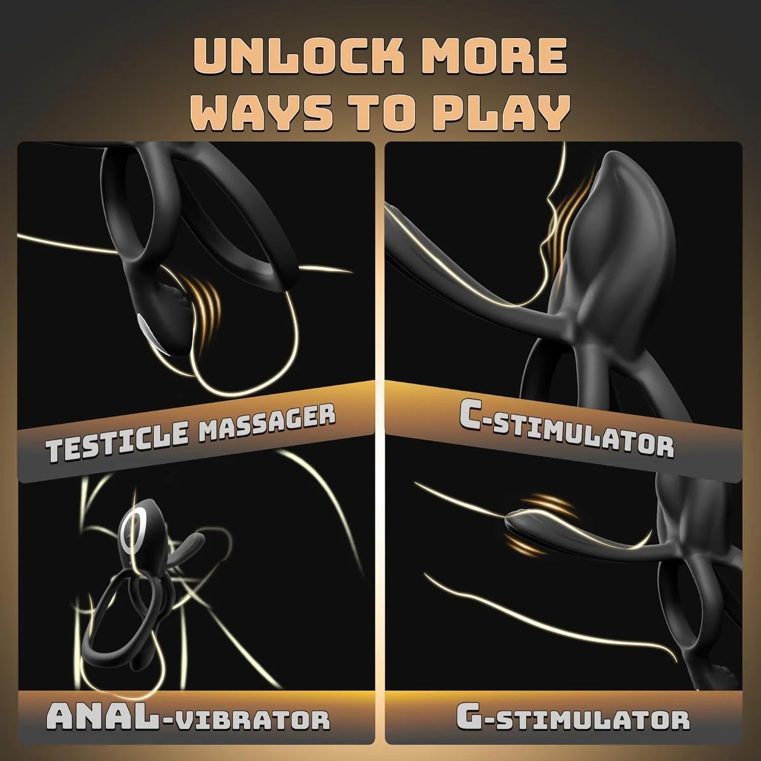 Remote controlled 10-mode 4-in-1 penis ring vibrator for men and women, stimulates G-spot, clitoris,