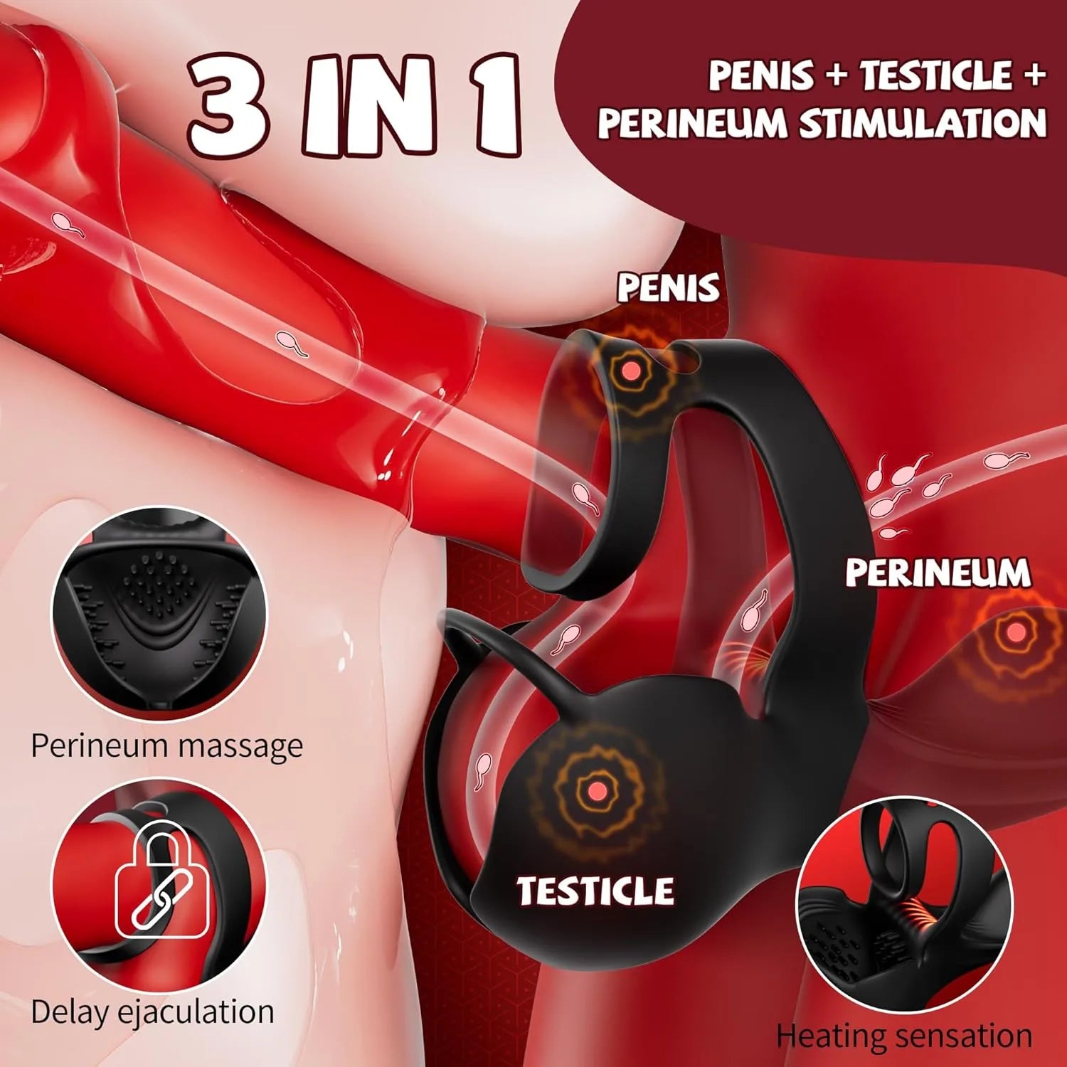 App controlled male testicle wrapped penis ring vibrator with 9 vibration and 3 heating modes