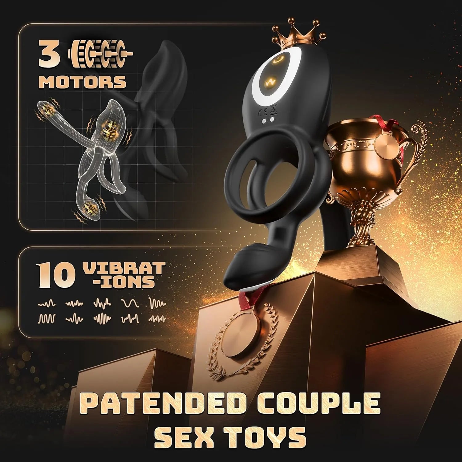 Remote controlled 10-mode 4-in-1 penis ring vibrator for men and women, stimulates G-spot, clitoris,