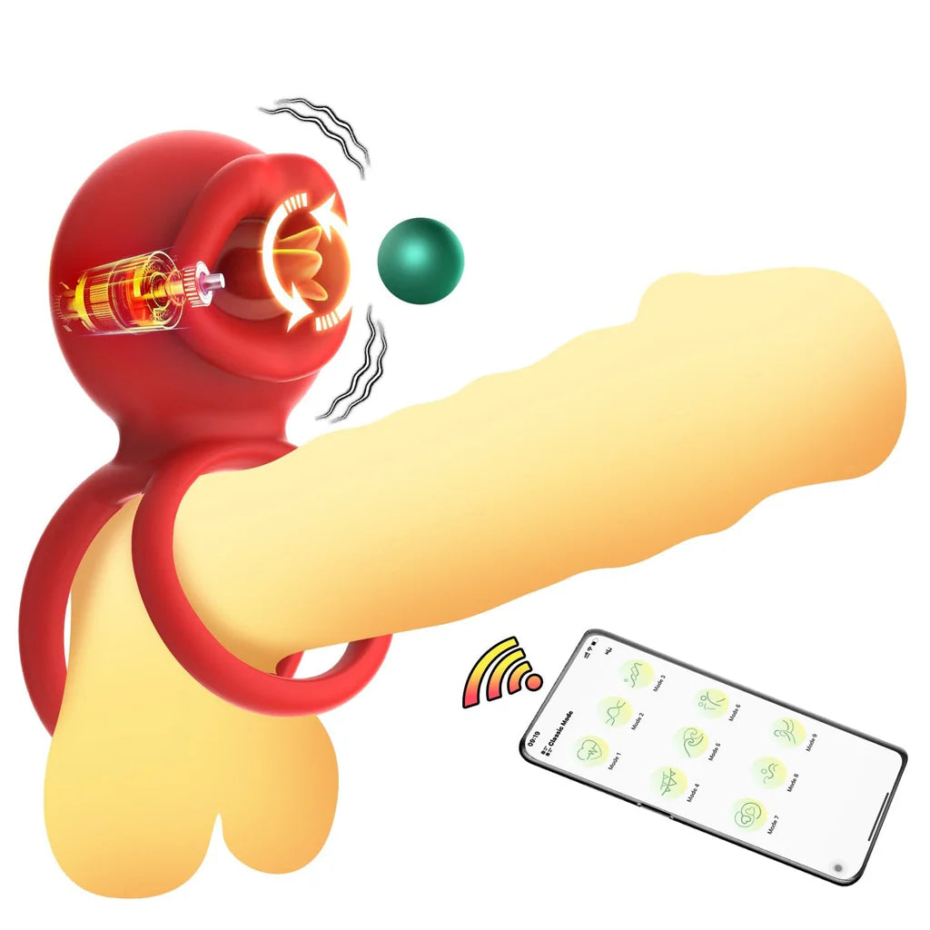 App-controlled penis ring clitoral vibrator with licking pleasure