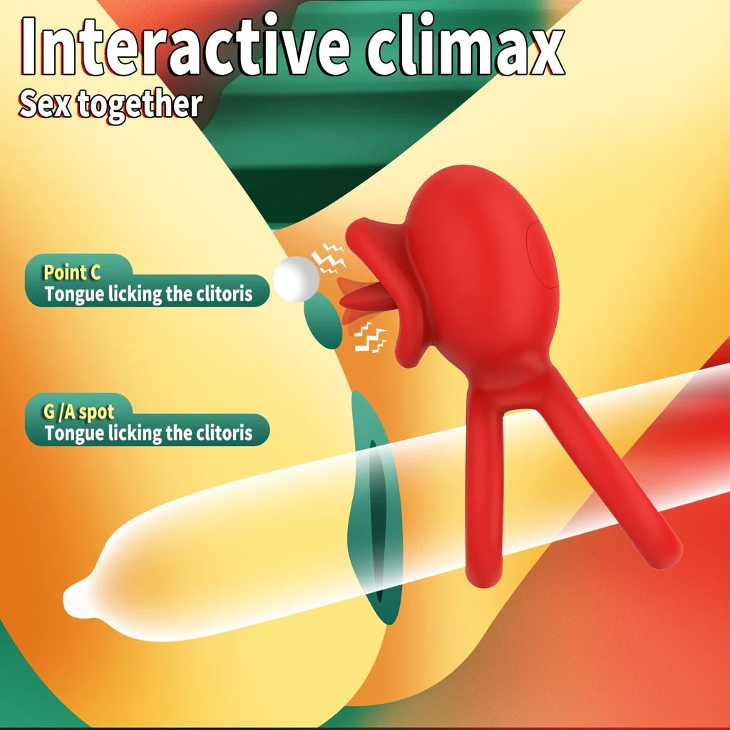 App-controlled penis ring clitoral vibrator with licking pleasure