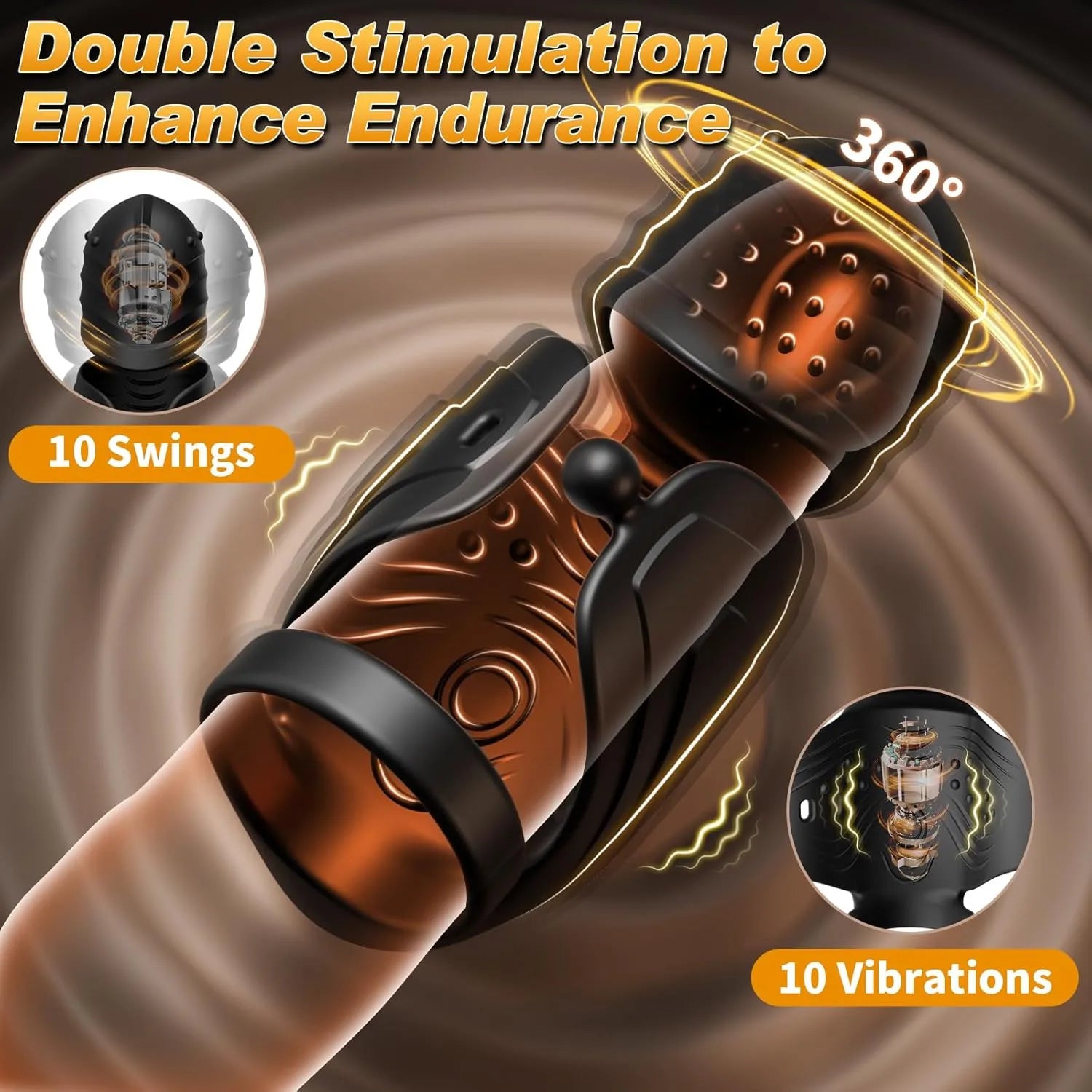APP-controlled ring-type male penis vibrator with 10 vibration modes and 360° rotating glans training.