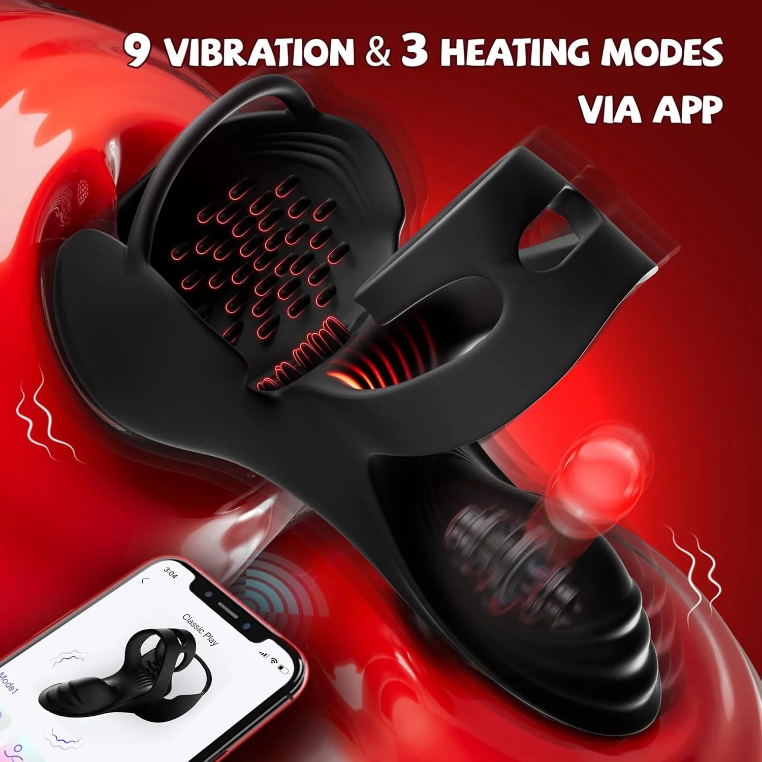 App controlled male testicle wrapped penis ring vibrator with 9 vibration and 3 heating modes
